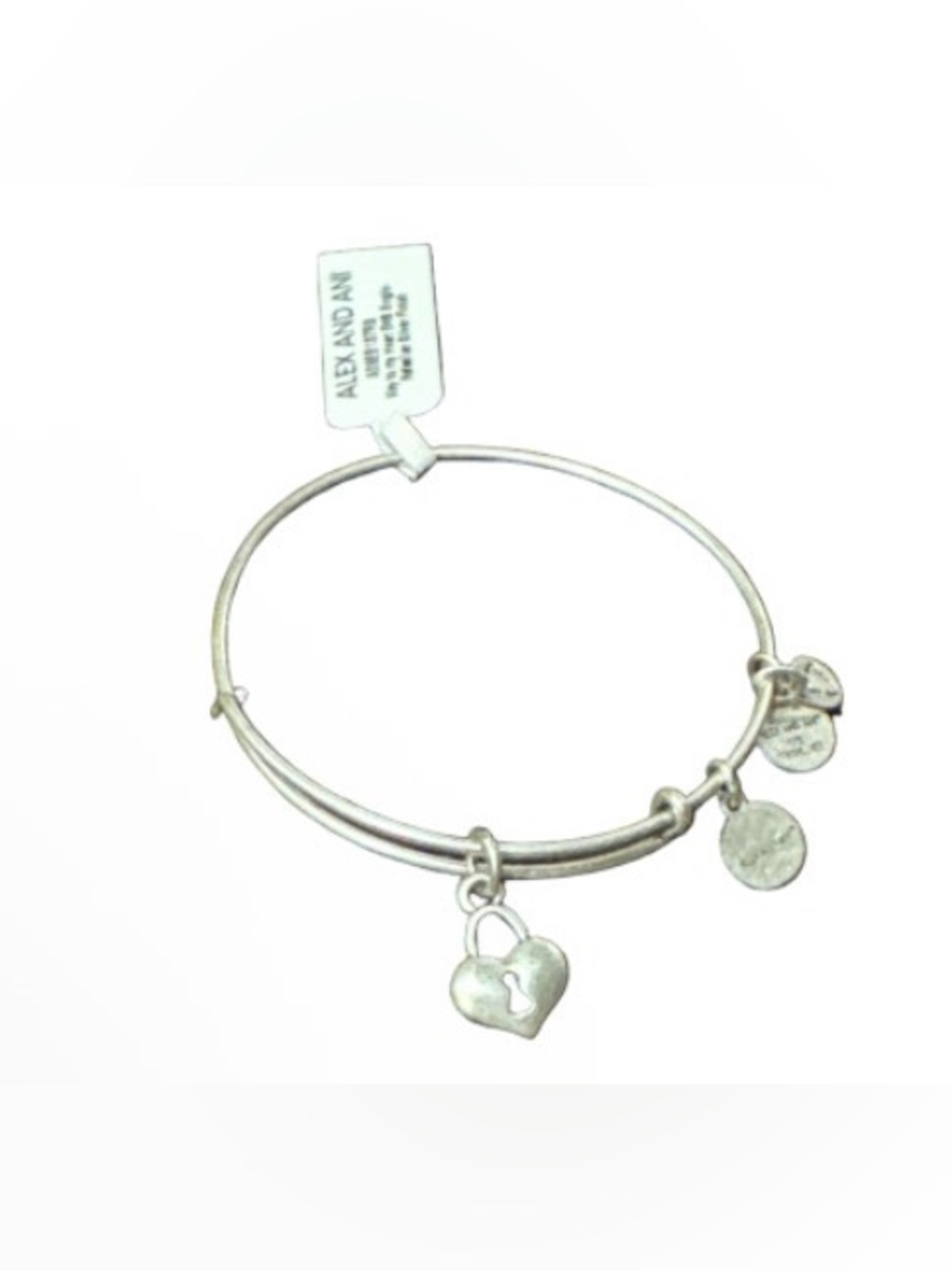 Alex and Ani Silver Heart Lock Charm Bangle Bracelet with Dangle Tags